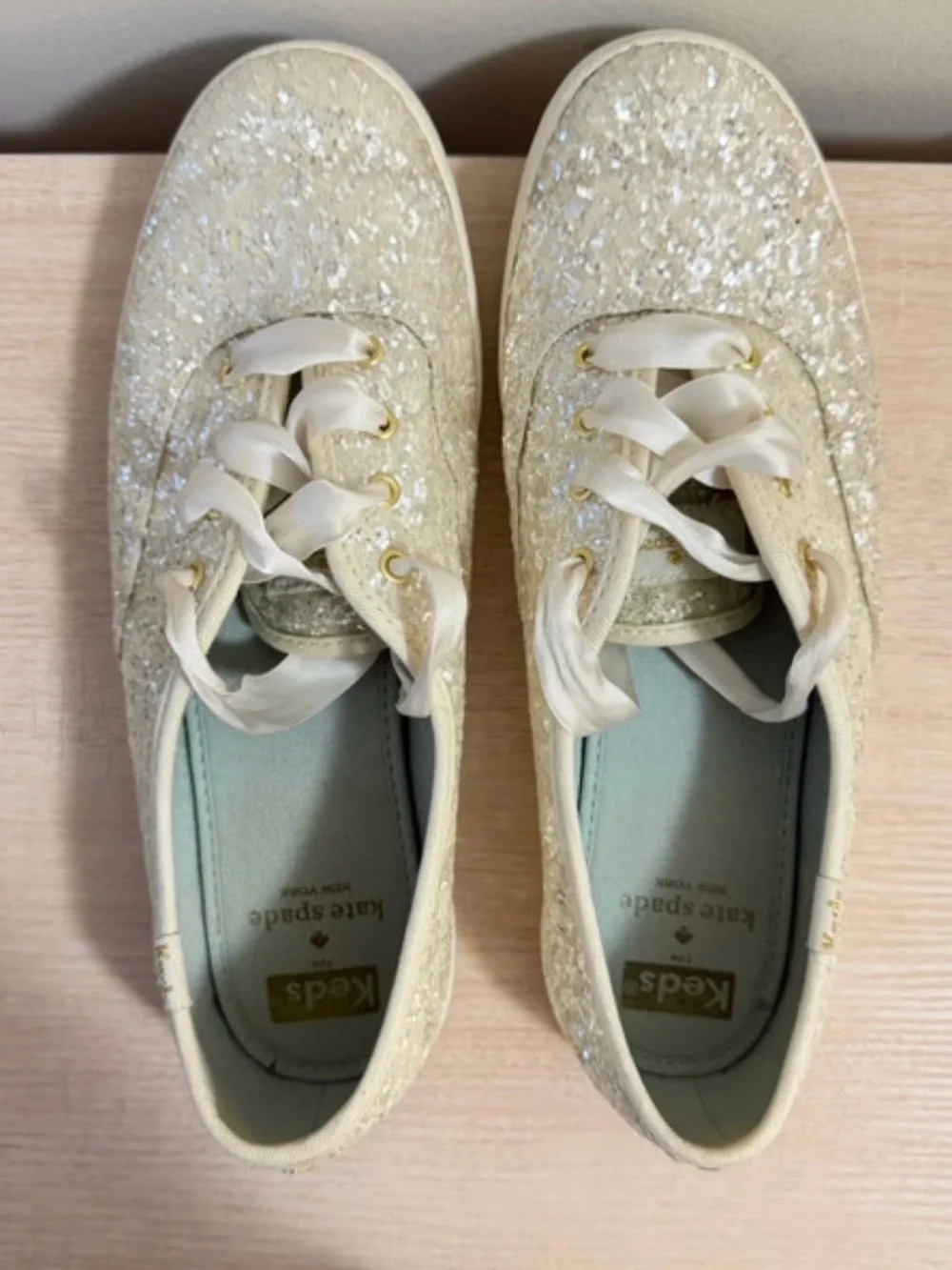 kate spade Cream Sequin Glitter Satin Ribbon Sneakers